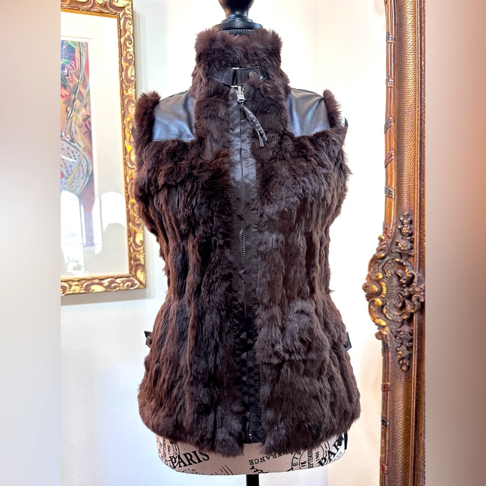 Genuine RabbitFur/Leather Trim Womens Vest By ‘June’Chocolate Brn  Reversible S
